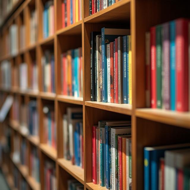 Close-up of wooden bookshelves with colourful spines