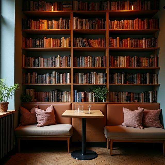 Cosy café seating beside bookshelves