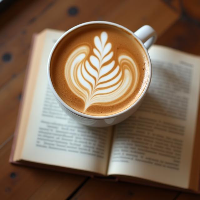 Latte art served atop book