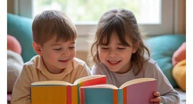 Children reading colourful books