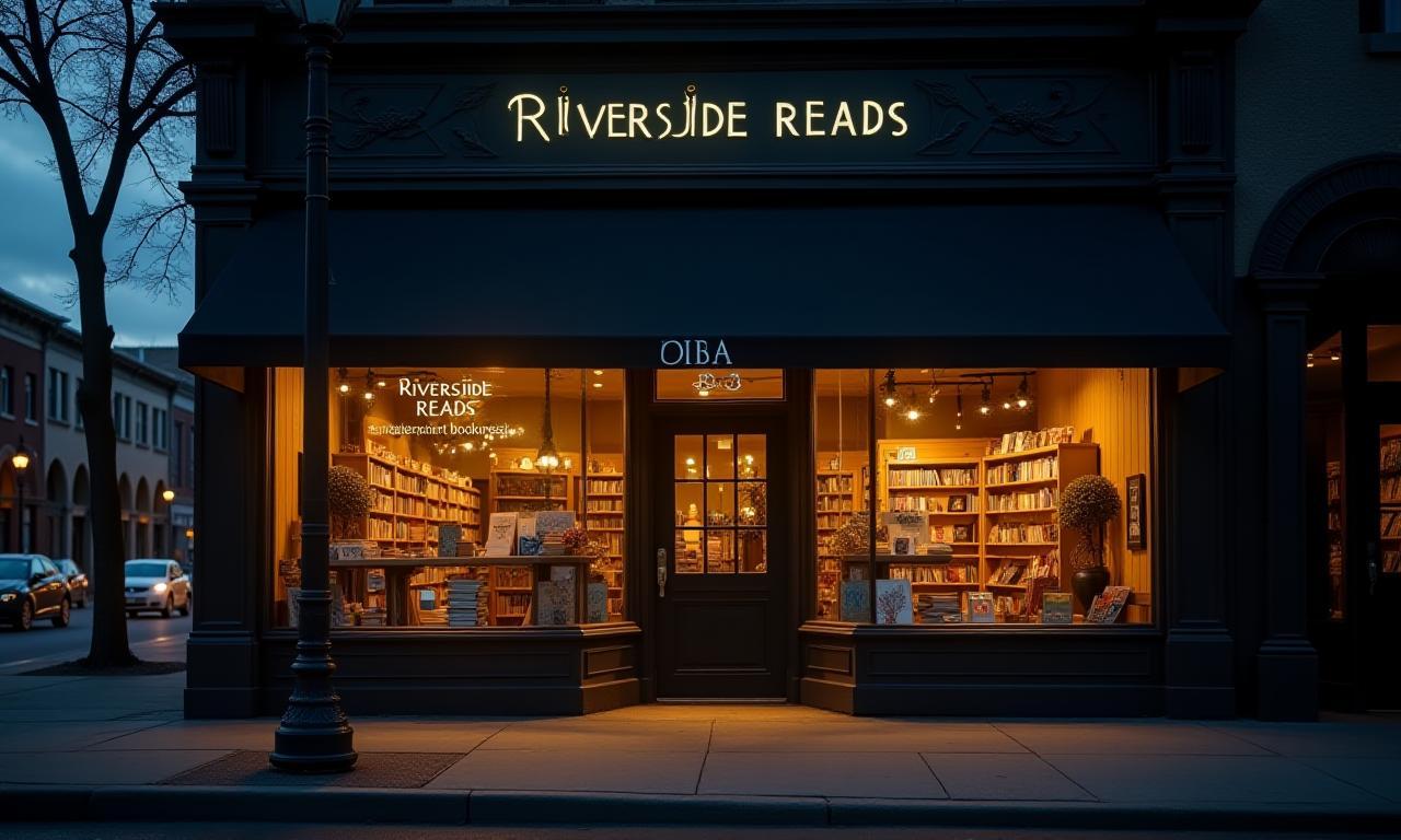 Exterior of Riverside Reads bookstore at dusk